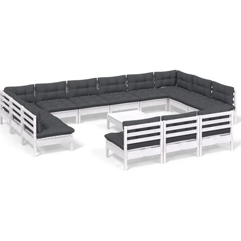 vidaXL Set Divani da Giardino 14 pz con Cuscini Bianchi Legno di Pino (1/5)