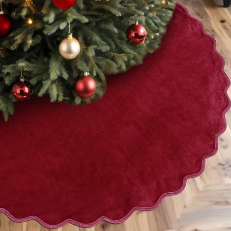 Vente en gros de jupes de sapin de Noël, créations sur mesure bienvenues. Décorations de sapin imprimées, articles de Noël, décorations de tapis, jupe de sapin bordeaux à bords ondulés, 90 cm.