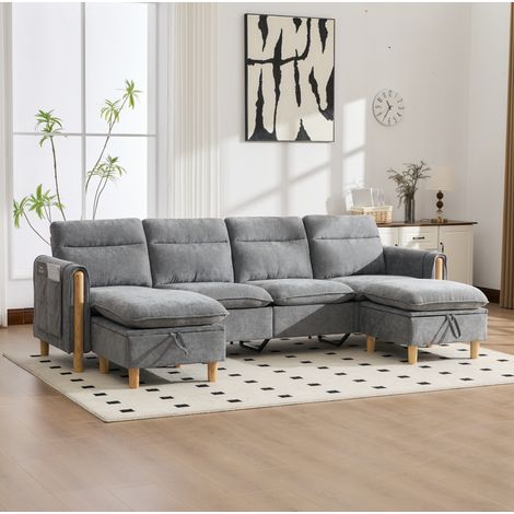 Modulares 4-Sitzer-Sofa mit 2 Hocker mit Stauraum, 261 cm, Hellgrau, OKMYHOME (1/5)