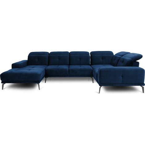 Canapé panoramique design SKAW velours - Têtières réglables A droite-Bleu nuit-Méridienne A droite (1/5)
