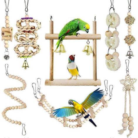 Lot de 8 jouets à mâcher pour perroquets, perruches ondulées et aras, avec chaînette pour hamac. (1/4)
