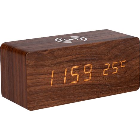 Sveglia digitale in legno, display dell'ora a LED, ricarica wireless da 10 W, 3 allarmi, data, temperatura, marrone