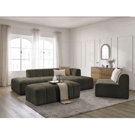 BOBOCHIC - Canapé d'angle fixe modulable ANNECY tissu bouclette avec 1 chauffeuse 1 place et 1 pouf Angle droit  Vert (1/5)
