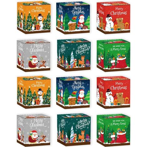 Coffret cadeau de Noël 12 pièces – Boîtes à friandises 3D en papier cartonné – Dimensions 7 x 7 x 7 cm – Motifs festifs imprimés (1/5)