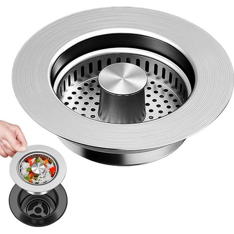 Tappo di scarico per lavello da cucina 3 in 1 con filtro in acciaio inossidabile - Tappo a scomparsa per lavelli larghi 75-87 mm e più profondi di 37 mm - Protezione anti-intasamento e filtrazione - A