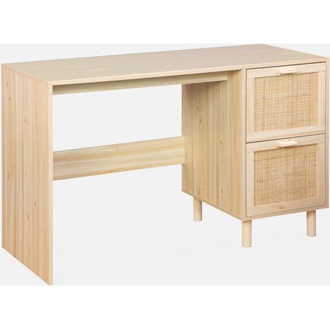 Escritorio efecto caña y madera con 2 cajones