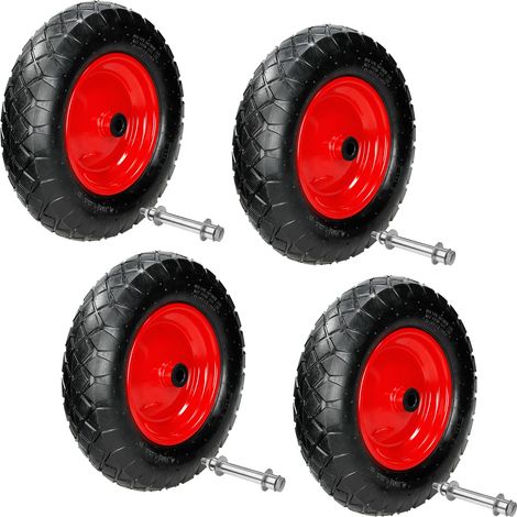 ECD Germany 4er Set Schubkarrenrad luftbereift mit Achse, 4.80/4.00-8, Ø 390 mm, 95 mm Breite, 200 kg, Reifen mit Stahlfelge Rot, Luftrad Ersatzrad, Pneumatische Rad für Schubkarre und Gartenkarren