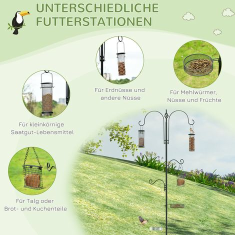 Mangeoire à oiseaux 208 cm, station avec 4 crochets, piquet, bols pour eau et nourriture, distributeur autoportant pour jardin, oiseaux sauvages, acier noir (1/5)