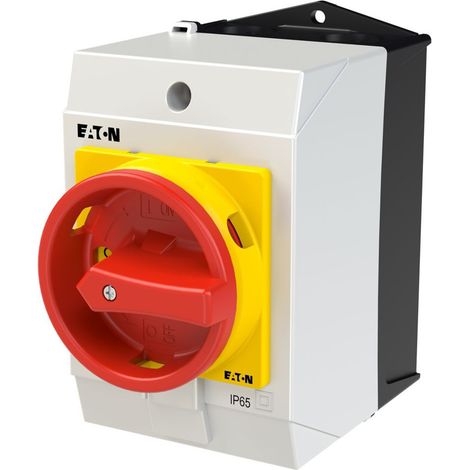 Eaton Interruptor principal, T0, 20 A, montaje, 3 unidad(es), 3 polos + N, 1 NA, 1 NC, función de PARADA DE EMERGENCIA, con manija giratoria roja y anillo de bloqueo amarillo, bloqueable en, 207153