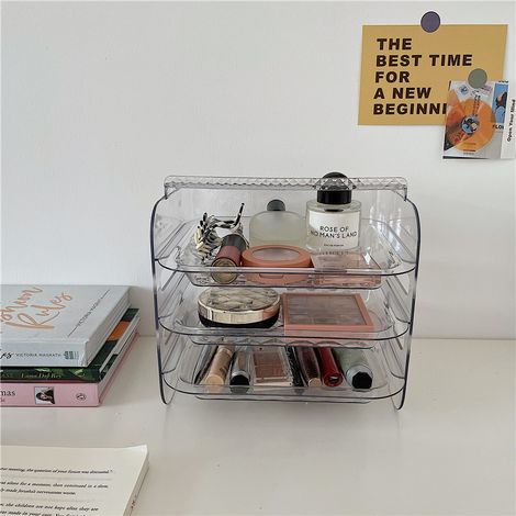 Coffret de rangement maquillage 3 niveaux transparent acrylique anti-poussière avec poignée pour vanité bureau femme (1/5)