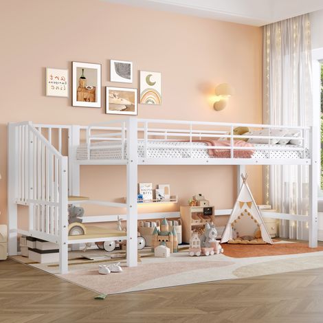 Halbhohes Hochbett mit Stauraumtreppe 90x200 Metall Weiß OKMYHOME (1/5)
