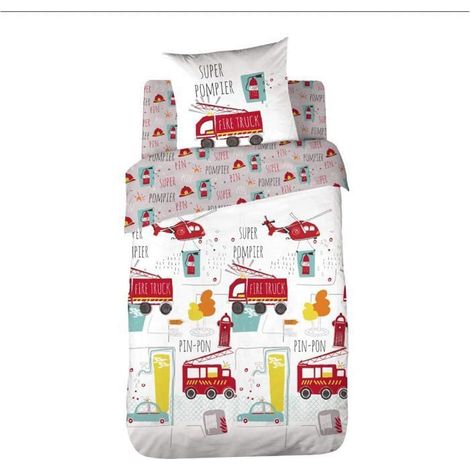 Parure de lit enfant - COTE DECO - Pompier - 140x200 cm - 100% coton - housse + taie 63x63