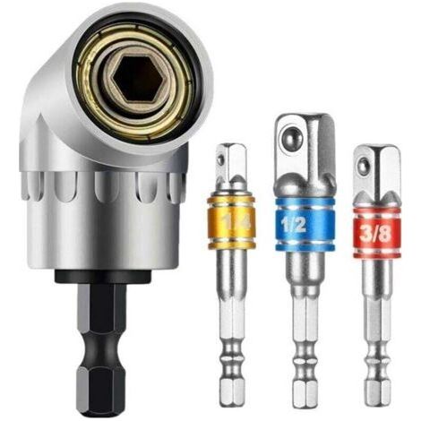 105° angle screwdriver adapter (1/4" hex bit) and 3-piece socket adapter for cordless screwdriver. Socket adapter for bit holder (1/4", 3/8", 1/2"). (1/5)