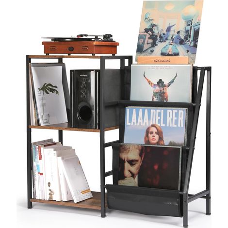 Rangement Tourne Disque, Meuble Platine Vinyle avec Range Vinyle à 3 Niveaux et Now Playing Support, Meuble Tourne Disque pour Le Salon, Marron (1/5)