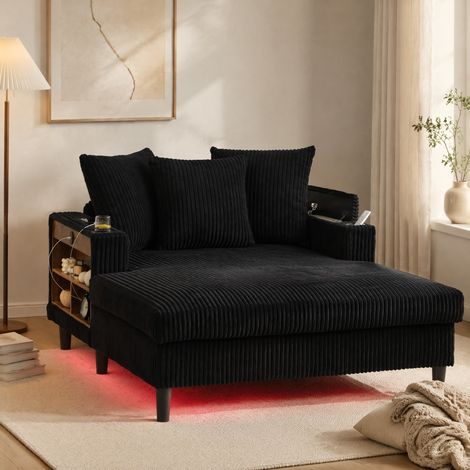 Méridienne 170x129x70 cm en tejido acanalado negro con almacenamiento y USB FloraGrace (1/5)