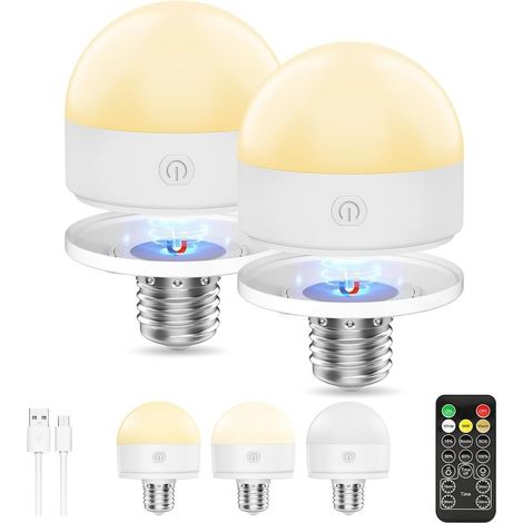 Ampoule rechargeable E14, lot de 2, 300 lm, équivalent 40 W, chargeur amovible, 3 températures de couleur, télécommande, lampe de secours, variateur, minuterie. (1/5)