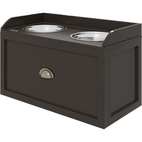 Station d'alimentation surélevée pour chien, 2 gamelles inox, rangement, bois marron 60x30x36cm (1/5)