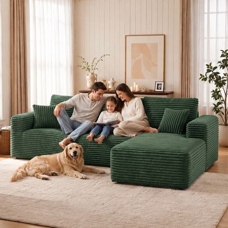 Canapé d'angle en Forme de L, Canapé 4 Places avec Méridienne Convient aux Salons et chambre à coucher - 263x173x61cm -Velours Côtelé - Vert (1/5)