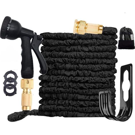 Tuyau d'arrosage rétractable jusqu'à 30 m avec pistolet pulvérisateur 8 fonctions, tuyau d'arrosage magique rétractable, étanche, support de tuyau, sac de rangement (noir) (1/5)