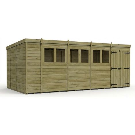 18ft x 9ft Pent Garden Shed Double Door With Windows - Pressure Treated Timber - L549 x W274 x H210 cm - Natural