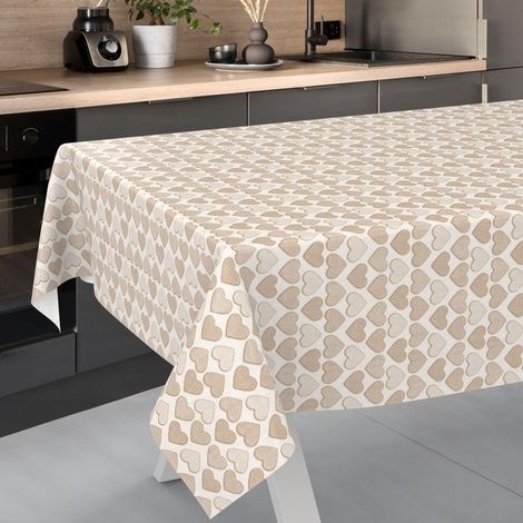 Nappe en Toile cirée, Lavable, pour Table de Jardin, extérieur et intérieur, Bord coupé, Motif cœur Beige, 100 x 140 cm (1/5)