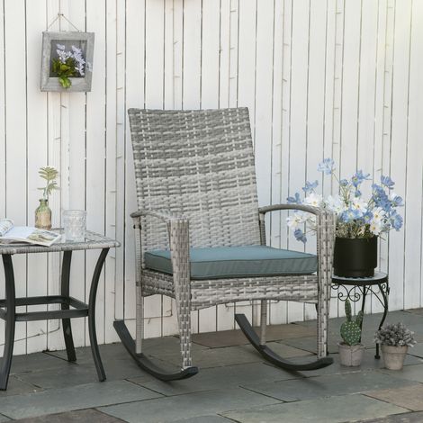 Fauteuil à bascule. chaise de jardin avec coussin. polyrotin et métal. gris. 66 x 88 x 98 cm