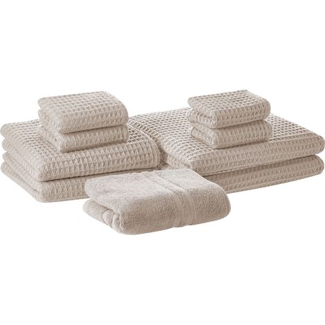 Conjunto de 9 toallas de baño y alfombrilla de baño de algodón beige zero twist Areora (1/5)