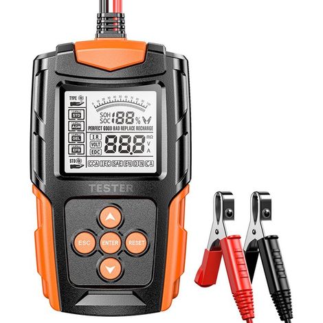 Batterietester 12V/24V – Professionelles Batterietest- und Diagnosegerät – Für Auto, Motorrad und LKW – 99,5 % Genauigkeit – LCD-Anzeige – Orange (1/5)