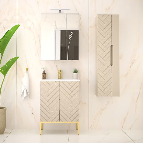 Badezimmer Set 3-teilig inkl. Waschtisch in Beige mit gefrästen Fronten ANGERA-140 (1/5)