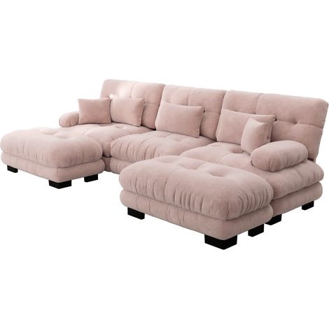 Divano modulare angolare a U in ciniglia rosa con pouf, seduta profonda e design nuvola (1/5)