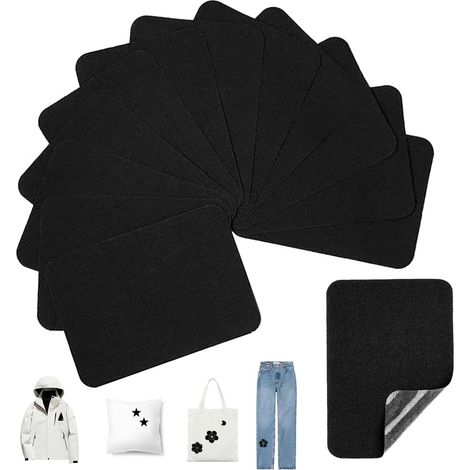 Set di 12 toppe termoadesive nere, 10,5 cm × 7,5 cm, in tessuto denim, da applicare con il ferro da stiro all'interno di abiti, jeans, magliette e indumenti. (1/5)