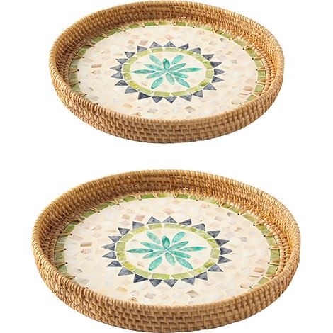 2 Plateaux en Rotin Tressé à Main avec Coquillages Colorés pour Salon, Plateau à Fruits, Snacks ou Pain, Dessous de Plat Décoratif pour Table Basse (1/5)