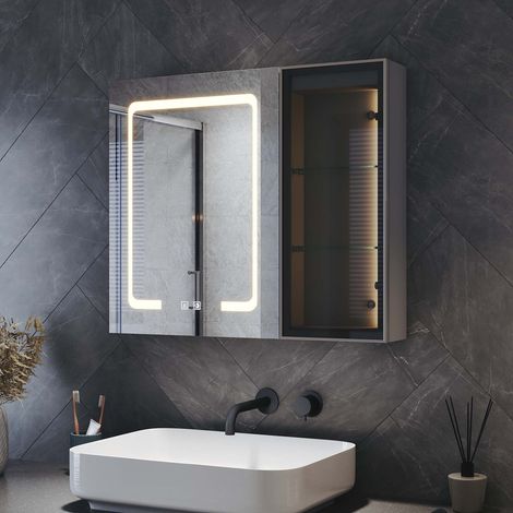 SONNI Badezimmer LED Spiegelschrank mit Integrierter Ambientebeleuchtung und Glasablage, 3 Einstellbar Lichtfarben, 700x600x130mm, Marokkanisches Grau (1/5)