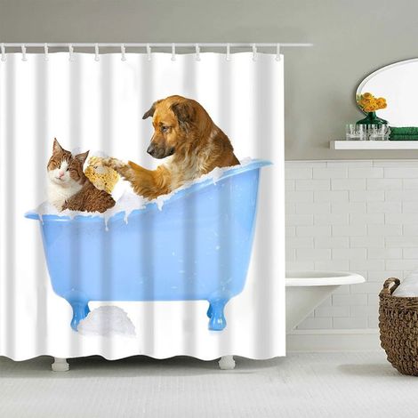 QAZQA Rideau de douche chat, chien et chat dans la baignoire, ensemble de décoration de salle de bain en tissu avec crochets, pour baignoire, 180 cm x 200 cm (1/5)