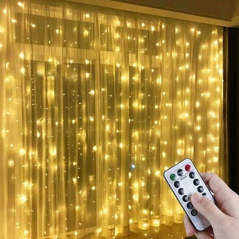 Rideau lumineux USB à LED de 3m x 3m, avec 300 LED et 8 modèles lumineux différents, idéal pour la décoration de fêtes, les chambres et l'éclairage intérieur, en couleur blanc chaud. (1/5)