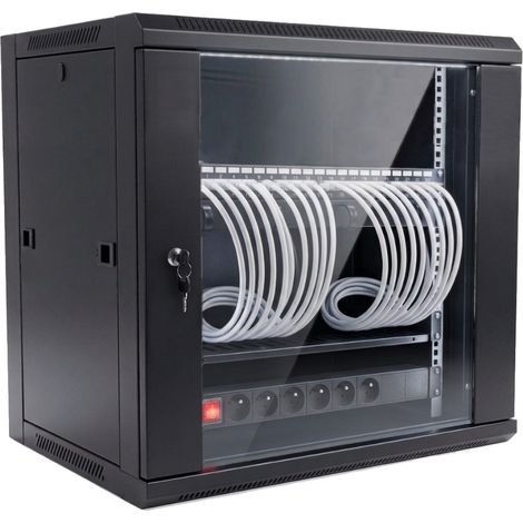 Coffret serveur 19" 12U prêt à l'emploi, 24 ports RJ45 cat6A avec bloc d'alimentation