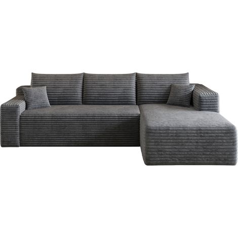 Canapé d'angle L 241 cm en velours côtelé gris foncé, design moderne et minimaliste (1/5)