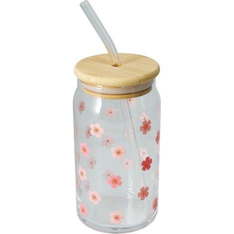 VASO CON TAPA BAMBU Y PAJITA FLORES 500ML SURTIDOS