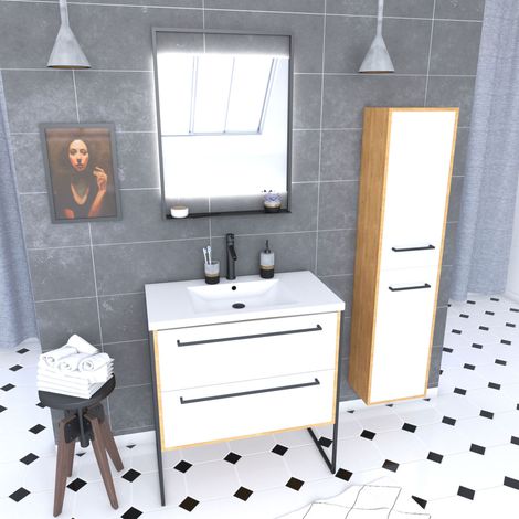 Mobile da bagno 80cm, lavabo bianco, specchio LED e colonna - Rovere e bianco - STRUCTURA