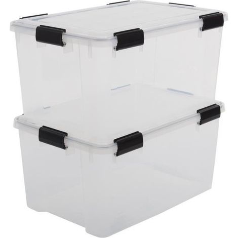 Iris Ohyama, Lot de 2 Boîtes de Rangement, Hermétiques, 50 L, avec clips, empilable , garage, cave, grenier - Air Tight Box AT-L - Transparent
