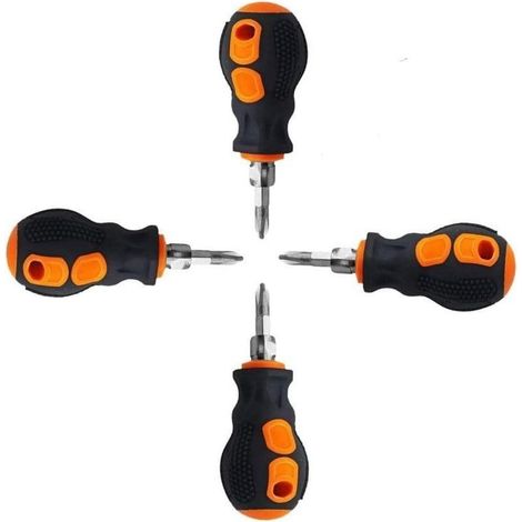 Lot de 4 Tournevis court, Outil Tournevis magnétique court 2 en 1 avec tête cruciforme et tête plate, petit tournevis de poche pour réparation de bricolage (1/5)