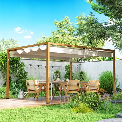 Pergola extérieure 3x4 m avec toit rétractable, structure aluminium effet bois (1/5)
