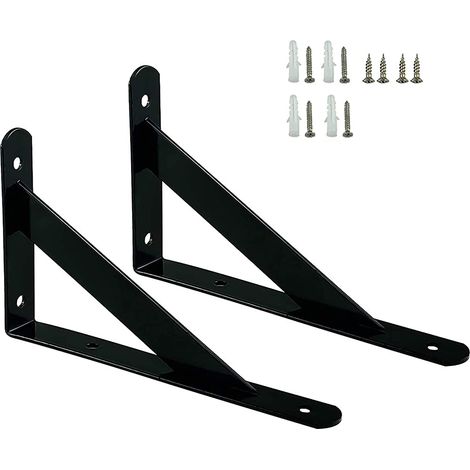 Lot de 2 équerres d'étagère robustes en métal à angle droit avec vis d'installation Noir (1/5)