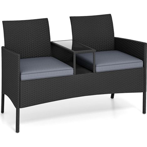 Salon de jardin 2 places avec table intégrée 62 x 124 x 84 cm assise ergonomique style moderne en rotin noir gris