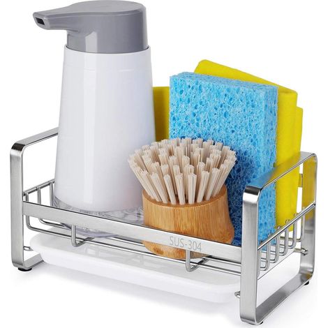 Porte-éponge évier cuisine distributeur savon acier inoxydable bac égouttage amovible antirouille rangement comptoir porte-brosse chiffons nettoyage (1/5)