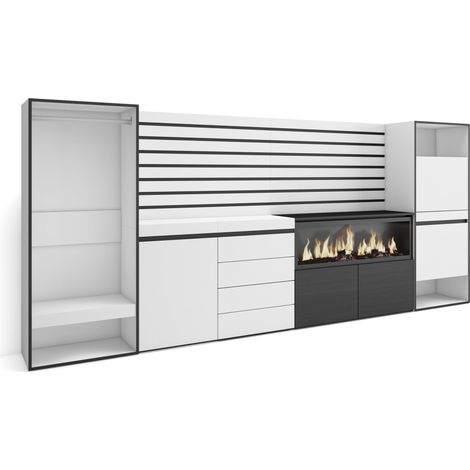 Buffet, Bahut, Meuble de Rangement, 334x145x35cm, Chambre à coucher, pièce, Cheminée électrique XXL, Commode, Meuble à Chaussures, Vestiaire ouvert, Style moderne, Blanc (1/5)