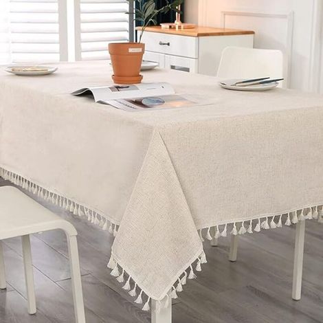 Beige Rectangular Tablecloth Stain Resistant Washable Cotton Linen Tassel Tablecloth with Tassels, Table Linen for Birthday, Wedding, Coffee Table, Dining Table (1/5)