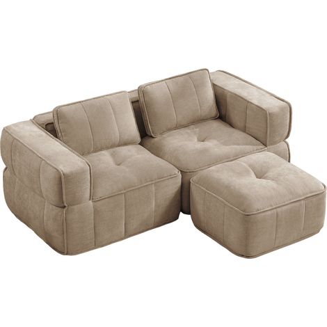 Modulares L-förmiges 2-Sitzer-Sofa mit Hocker, Polyesterstoff, Sand (1/5)