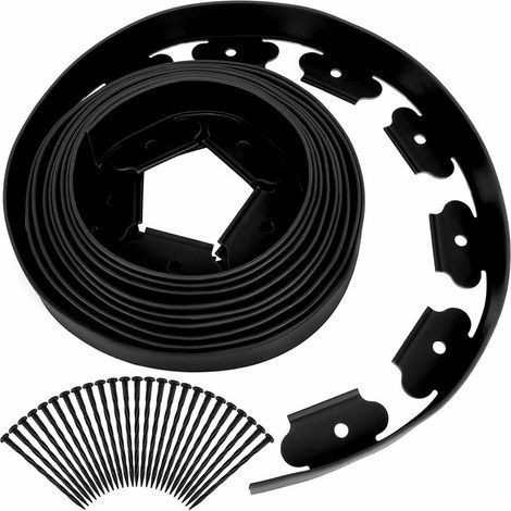 Bordure de Jardin en Plastique 10 mètres avec 30 Piquets d'ancrage Bordurette de Pelouse Flexible Bordure de Gazon avec piquets Solides Idée de Jardin Hauteur 50mm, Epaisseur 3mm Noir (1/5)