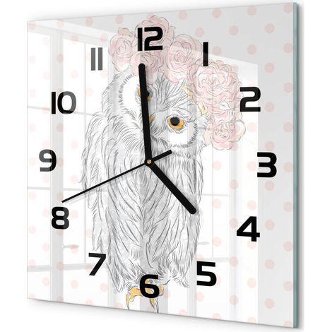 Horloge Murale Carrée Originale Verre Trempé Décoration Maison Moderne Hibou dans une couronne 30x30 cm (1/5)